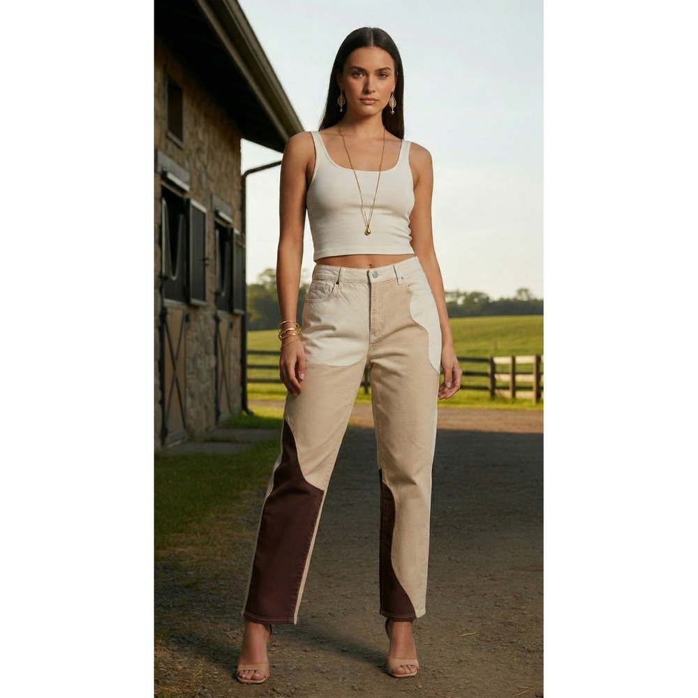 Tan White & Brown Paneled High Rise Jeans Women's Sz. 30 Western Boho Y2K
